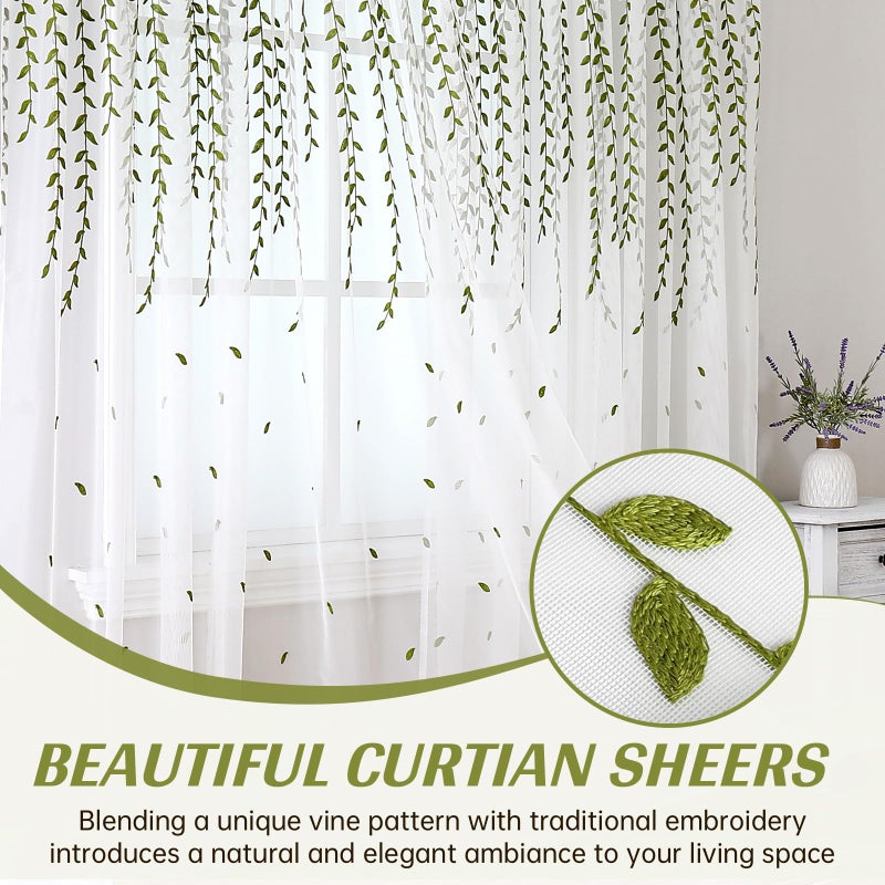 BROSHAN Green Embroidered Sheer Curtains 2 Panel Sets for Bedroom-Elegant White Sheer Curtains 75 inches Long with Leaf Design Rod Pocket Semi Transparent Curtain Drapes for Living Room Windows - Image 4